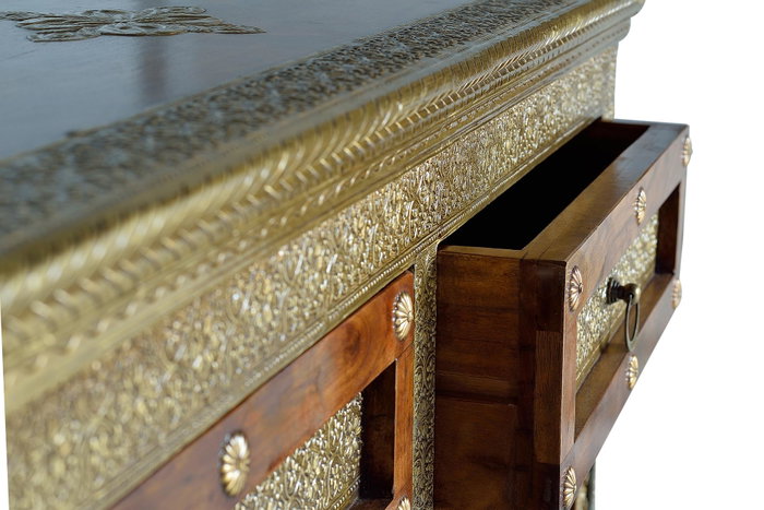 Giner y Colomer Commode en Bois d'Acacia Massif Style Éthnique avec Applications Céramique et Bronze, Coloris Cerisier, 90x105x40 cm